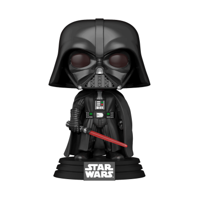 Figura Funko Pop do Darth Vader com sabre de luz vermelho na base com logo Star Wars