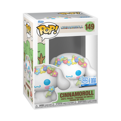 Caixa Funko POP! com figura Cinnamoroll branco de flores na cabeça.