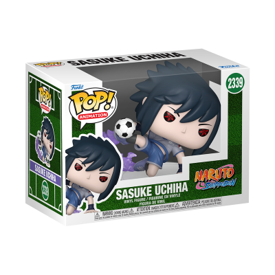 Figura Funko Pop! de Sasuke Uchiha em embalagem com bola de futebol