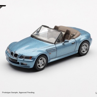 Miniatura de carro BMW descapotável azul metálico com interiores castanhos