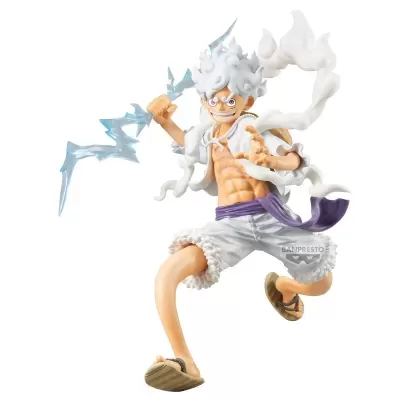 Figura de ação de personagem anime com cabelo branco, roupa branca e raio azul na mão