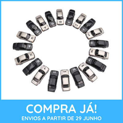 Vinte carros de brinquedo numerados em círculo com texto promocional abaixo
