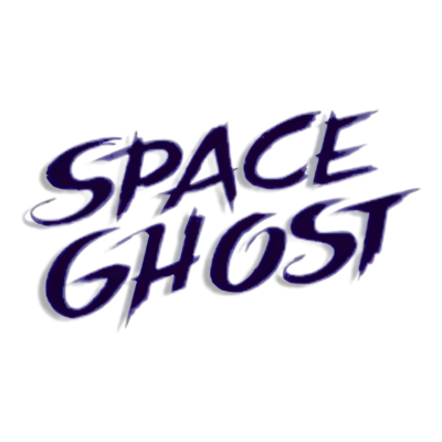 Texto SPACE GHOST em azul escuro sobre fundo branco