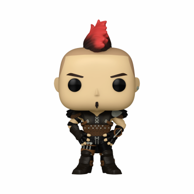 Figurine Funko Pop de personagem com moicano vermelho e roupa de couro preta.