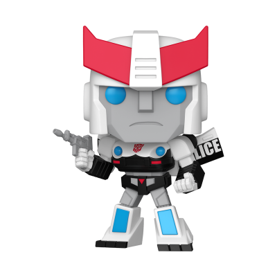 Figura Funko Pop de robô policial branco e cinza com detalhes vermelhos e azuis