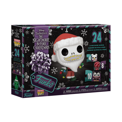 Caixa preta de calendário do advento Funko Pocket Pop! The Nightmare Before Christmas com personagem Jack Skellington de Pai Natal