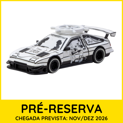 Miniatura de carro desportivo preto e branco com ilustração de Mickey Mouse e volante em forma de leme no tejadilho