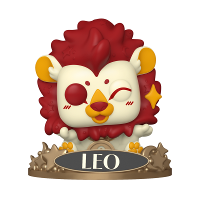 Figura de leão estilizada com crina vermelha e base com nome LEO