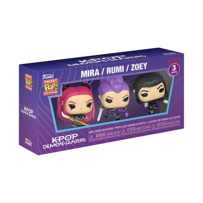 Caixa de chaveiros Funko POP KPOP DEMON HUNTERS com personagens Mira, Rumi e Zoey em vinil