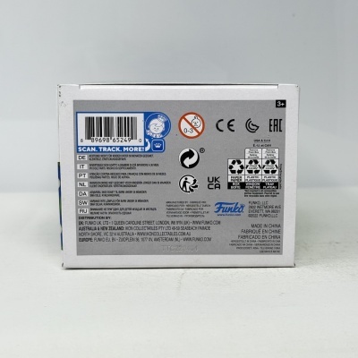 Caixa Funko Pop com informações e símbolos no verso