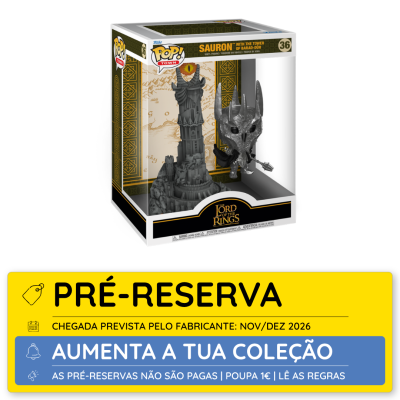 Figura Funko Pop Sauron com a torre de Barad-dûr num conjunto embalado e informação de pré-reserva em amarelo e azul