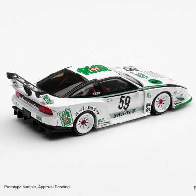 Miniatura de carro de corrida branco com detalhes verdes, número 59 e inscrições em japonês