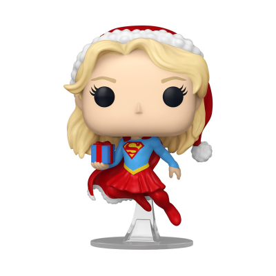 Figura Funko Pop Supergirl com roupa de Natal segurando presente