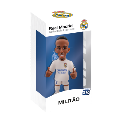 Figurinha colecionável do jogador Militão do Real Madrid em embalagem azul e branca