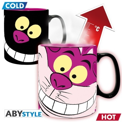 Caneca que muda de cor e imagem com a temperatura, rosto sorridente preto para frio, rosa e lilás para quente.