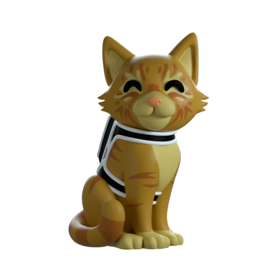 Figura decorativa de gato sorridente castanho com colete branco e preto