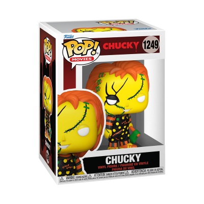 Funko Pop! Chucky, figura de vinil com roupa preta e pintas coloridas na caixa.