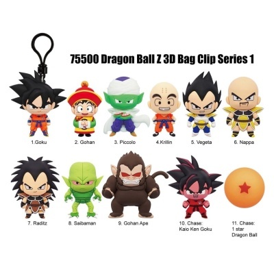 Figuras chaveiro Dragon Ball Z 3D Bag Clip Series 1 com personagens coloridos e Dragon Ball.