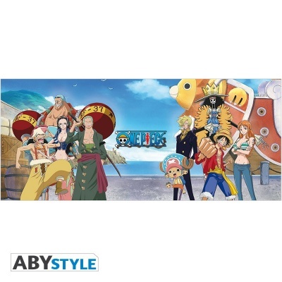 Ilustração de personagens do anime One Piece junto ao mar com o logotipo da série