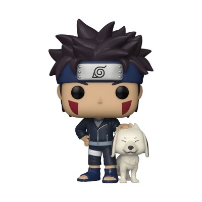 Figura Funko Pop de personagem de anime com cão branco ao lado