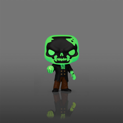 Figura colecionável de vinil com caveira verde neon e roupas escuras