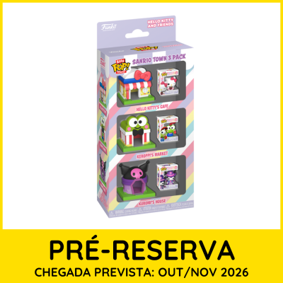 Embalagem com três miniaturas Funko Pop! de personagens Sanrio Town, coloridas, com texto em inglês