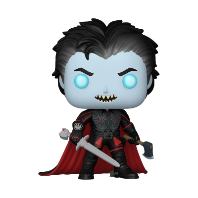 Figura Pop Funko de personagem com cara azul, capa vermelha e armas