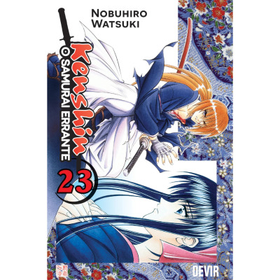 Capa manga Kenshin O Samurai Errante volume 23 com personagens e padrão floral azul e vermelho