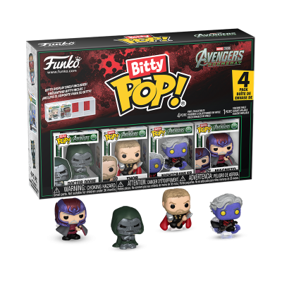 Conjunto 4 figuras Funko Pop! Bitty Avengers Doomsday em caixa colorida preta e vermelha