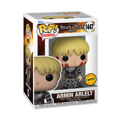 Funko Pop de Armin Arlert da série Attack on Titan na caixa