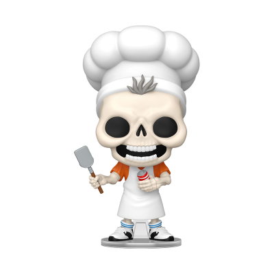 Figura colecionável de esqueleto com chapéu de chef, avental, espátula e frasco