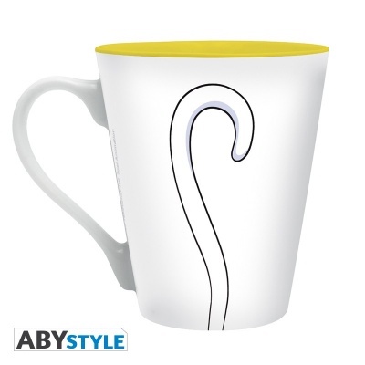 Caneca branca com interior amarelo e design minimalista preto