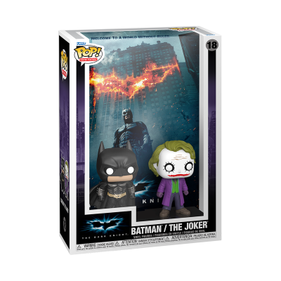 Conjunto de figuras Pop! em vinil de Batman e The Joker numa caixa com imagem do Batman e texto