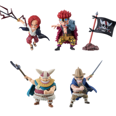 quatro figuras de ação coloridas e uma bandeira preta com caveira