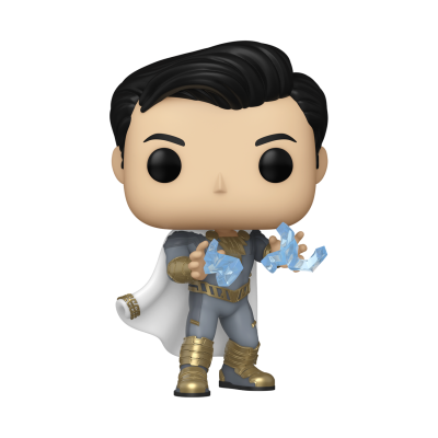 Figura Funko Pop de super-herói com fato cinza dourado e capa branca segurando fragmentos azuis.