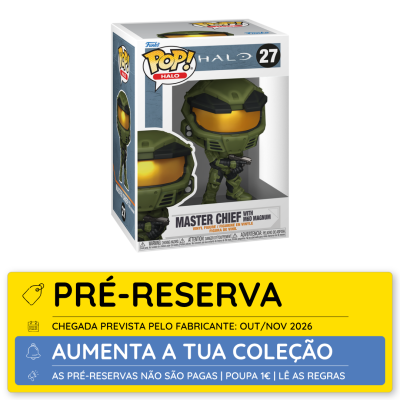 Figura de vinil Funko Pop! Master Chief Halo na caixa com etiqueta de pré-reserva amarela