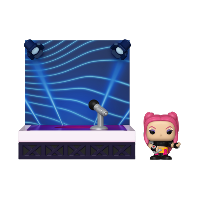 Figura Funko Pop com cabelo rosa e palco com microfone e luzes azuis