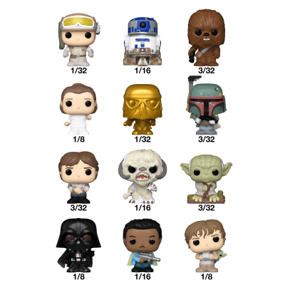 Doze miniaturas Funko Pop da saga Star Wars com indicações numéricas de raridade