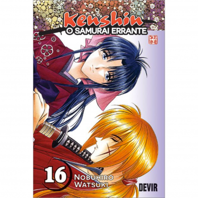 Capa do manga Kenshin O Samurai Errante, volume 16 com dois personagens em roupas tradicionais japonesas
