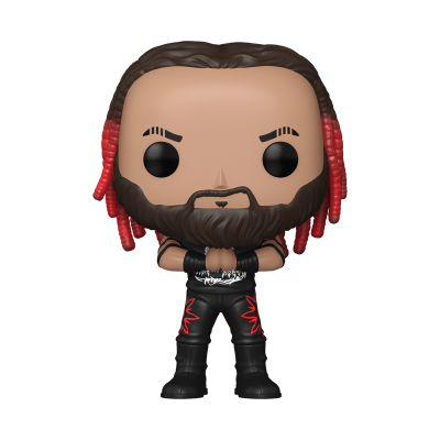 Figura Funko Pop de homem com tranças vermelhas e roupa preta com estampas vermelhas e brancas