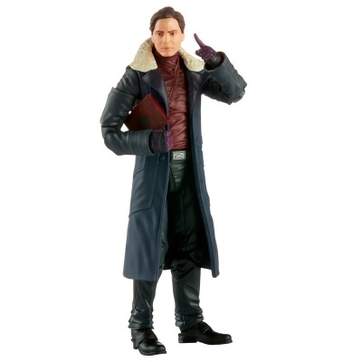 Figura de ação de homem com casaco azul e livro