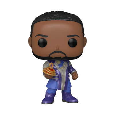 Figura Funko Pop de personagem masculino com traje azul e roxo segurando objeto dourado