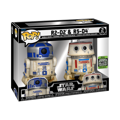 Bonecos Funko Pop! R2-D2 e R5-D4 de Star Wars em caixa