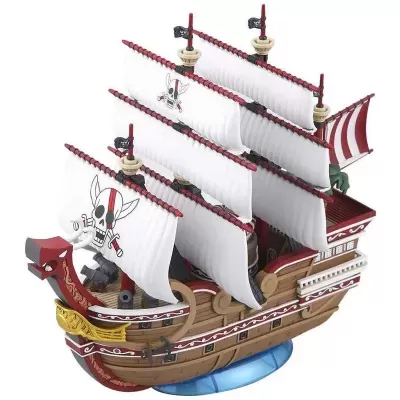 Modelo de navio pirata de plástico com velas brancas e caveira