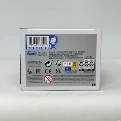 Caixa branca Funko mostrando a parte traseira com texto e códigos de barras