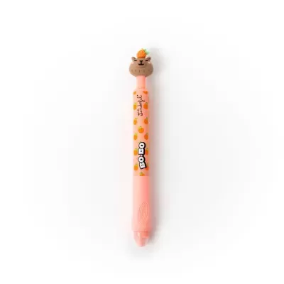 Caneta cor-de-rosa com padrão de pequenas laranjas e decoração de urso