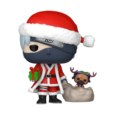Figura Funko Pop de personagem com roupa de Pai Natal e cão com chifres de rena numa almofada