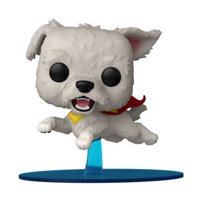 Figura colecionável Funko Pop de cão branco com capa vermelha e suporte azul