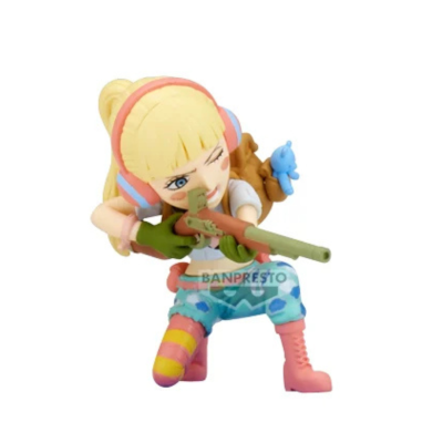 Figura colecionável de personagem feminina com rifle e mochila com urso azul