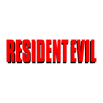 Texto vermelho RESIDENT EVIL com sombra preta em fundo branco
